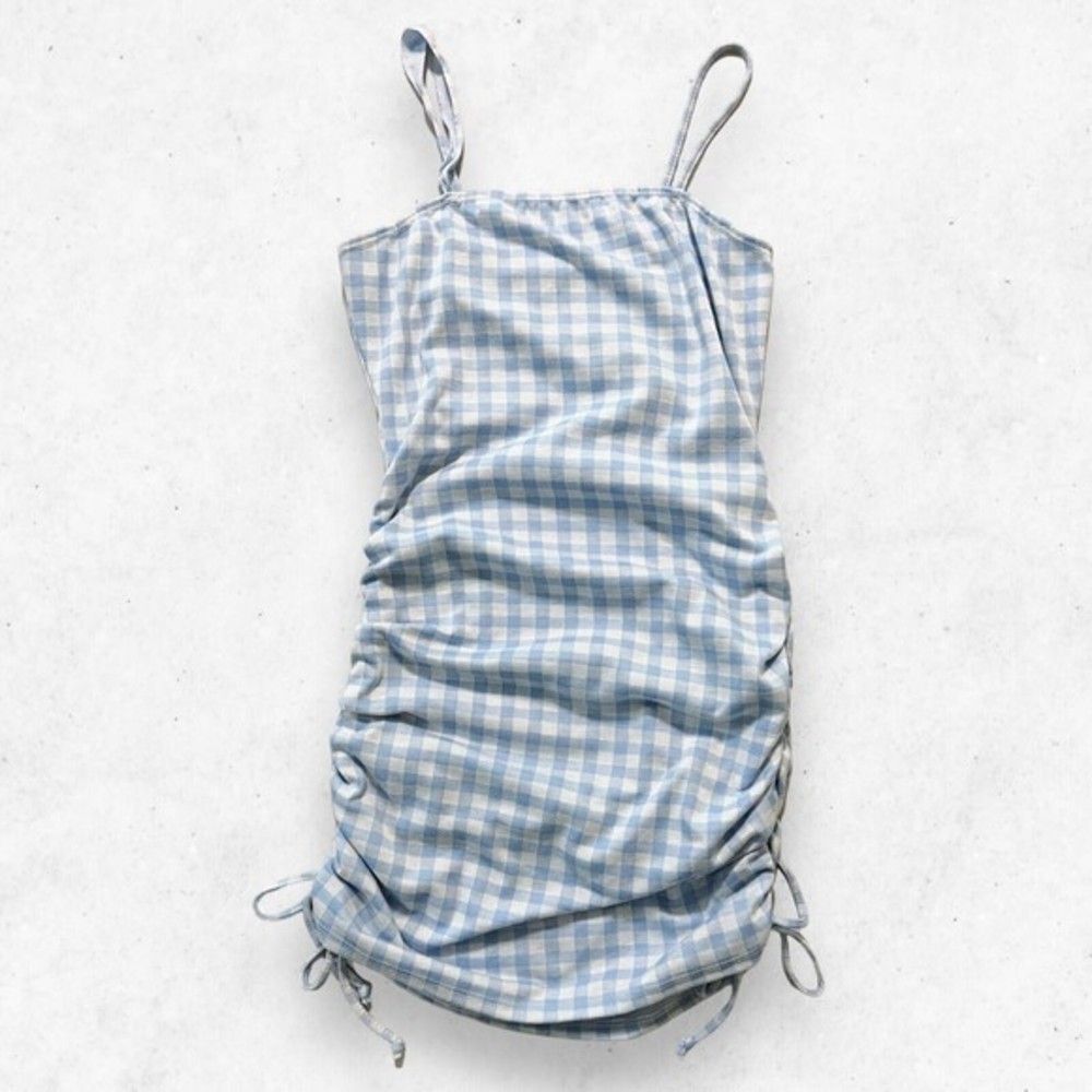 Livi by Olivia Rae Women's Size L Midi Dress Checkered Baby Blue Spaghetti Strap
